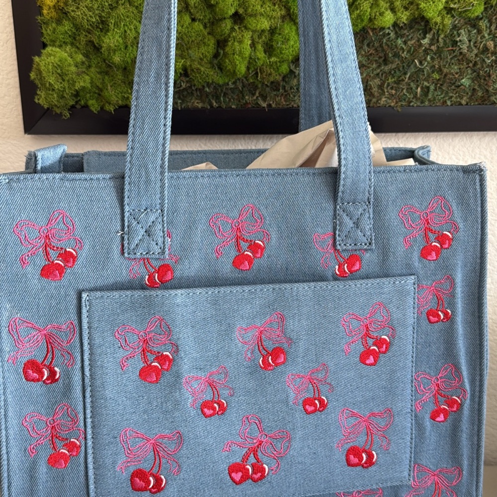 Betsey Johnson Blue Denim Tote with Red Cherry Embroidery - Picture 4 of 5